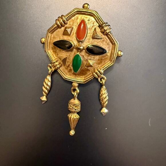 Vintage Jewelry - Vintage Etruscan Revival Gold Tone Enamel Chandelier Brooch